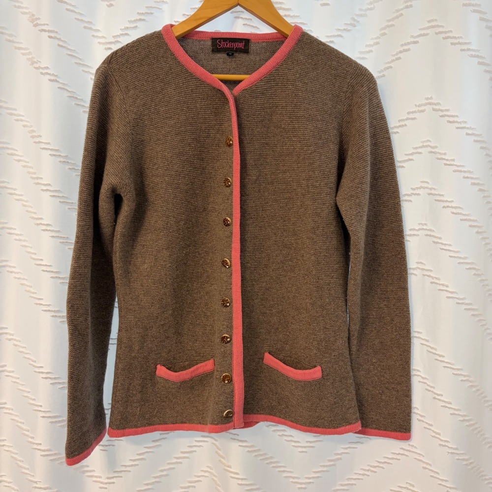 Stockerpoint Women Brown Wool Blend Trachten Cardigan Pink Trim Size 42